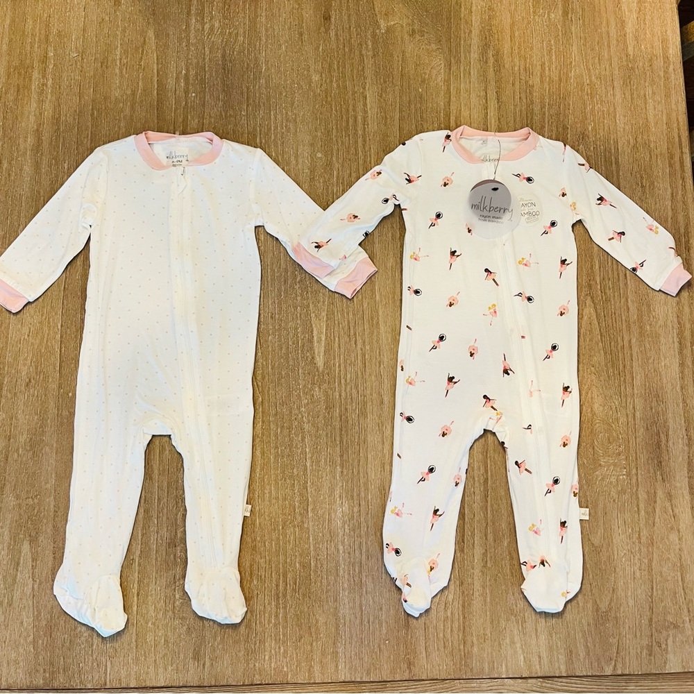 NWT! New Milkberry Bamboo Zippy 2PC Pajama set/pink dot & ballet-size 6-9 months